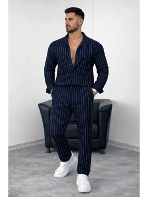 Lune Store Erkek Çizgili Krep Kumaş Krem Gömlek Pantolon Alt Üst Takım Uzun Kollu - Lacivert