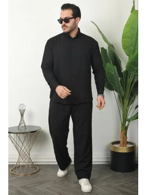 Lune Store Erkek Sofya Keten Gömlek Pantolon Alt Üst Takım Uzun Kollu - Siyah