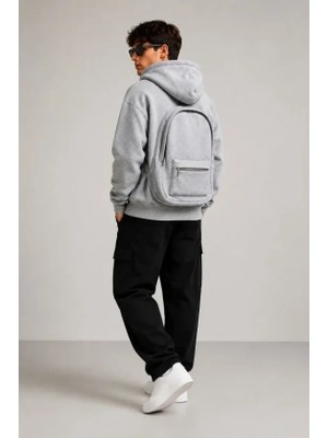 Lune Store Erkek 3 Iplik Şardonlu Tam Fermuarlı Kapüşonlu Arka Çanta Detaylı Sweatshirt - Gri