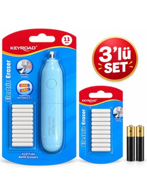 Keyroad Pilli Silgi (10 Adet Silgi Yedekli) Mavi + 10'lu Yedek Silgi + 2 Adet Pil