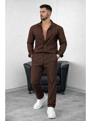 Lune Store Erkek Çizgili Krep Kumaş Krem Gömlek Pantolon Alt Üst Takım Uzun Kollu - Kahverengi