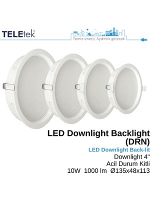 Teletek 10W Plastik Derin Kasa LED Downlight 4 Acil Durum Kitli Sensörlü Backlight Slim Yuvarlak Beyaz Işık  Spot Sıva Altı Panel Armatür , IP44 Ince Kasa Spot Aydınlatma