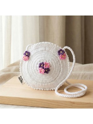 Rug Muse El Örgüsü Kız Çocuk Omuz Çantası - White Bouquet - Çiçekli Yuvarlak - Beyaz