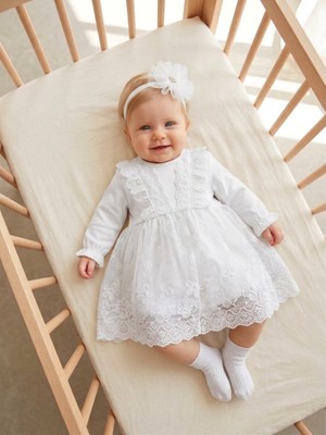 Bebila Baby Kız Bebek Mevlütlük Elbise Bandanalı Dantelli Yenidoğan Hastane Çıkışı Gelinlik Abiye Mevlitlik %100 Pamuk 4040