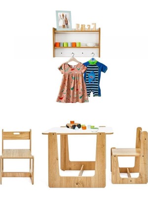 2-4 Yaş Turna Ahşap Montessori Aktivite Masası Sandalyesi ve Dekoratif Askılı Raf Ünitesi Kahv
