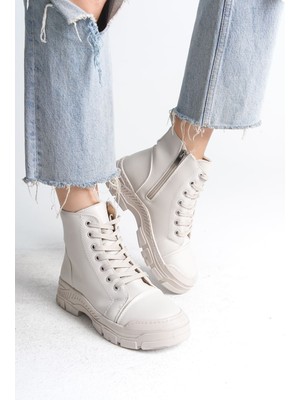Zapatos Bloom Bağcıklı Fermuarlı Ortopedik Taban Kadın Bot  Ckt - Krem
