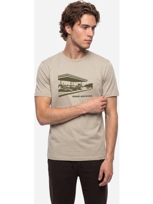 Mudo Erkek Taş Rengi Baskılı Bisiklet Yaka T-Shirt