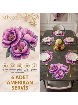 Minoza Vintage Serisi Digital Baskı Mor Yaban Gülü Tasarımlı Amerikan Servis & Supla 6 Adet