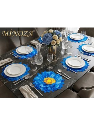 Minoza Mavi Gazania Tasarımlı 3D Digital Baskılı Lazer Kesim Detaylı Amerikan Servis & Supla 6 Adet