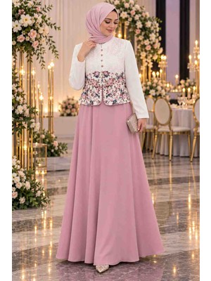 Gül&Can Butik 🌸 Pudra Pembe Çiçek Desenli Tesettür Abiye Elbise | Zarif & Şık