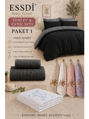 Essdi Home Tekstil Yeni Ev ve Çeyiz Seti Paket 1 Siyah Antrasit