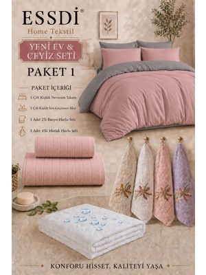 Essdi Home Tekstil Yeni Ev & Çeyiz Seti – Paket 1 Pudra/gri