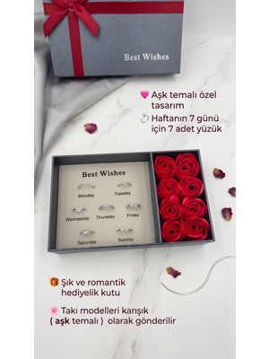 VizyonumVar Concept Premium Güllü Kutulu Haftanın 7 Günü Aşk Temalı Yüzük Seti - 7 Adet Kararmaz Yüzük, Şık Kutu ve Çantalı Hediye Seti