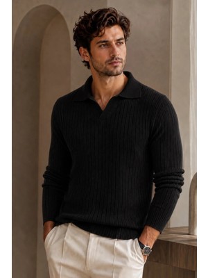 Serablanka Erkek Slim Fit Fitilli Polo Yaka Triko Kazak Siyah