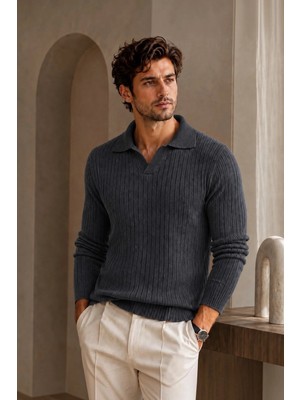 Serablanka Erkek Slim Fit Fitilli Polo Yaka Triko Kazak Füme