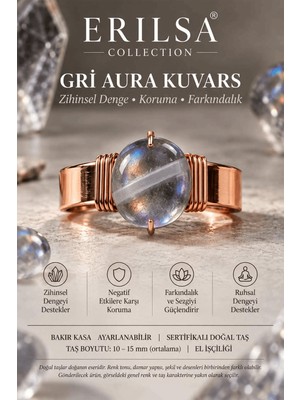 Erilsa Sertifikalı Gri Aura Kuvars Taşı Doğal Taş Yüzük Bakır Kasa Ayarlanabilir