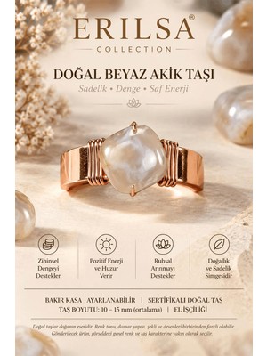 Erilsa Sertifikalı Beyaz Akik Taşı Yüzük Doğal Dokulu Bakır Kasa El Işçiliği Ayarlanabilir