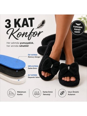 Black Flex Cozy Step 3 Katmanlı Pelush Terlik Siyah Fiyonklu 36-41