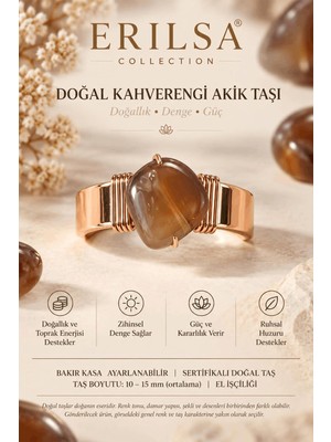 Erilsa Sertifikalı Kahverengi Akik Taşı Doğal Taş Yüzük Bakır Kasa Ayarlanabilir