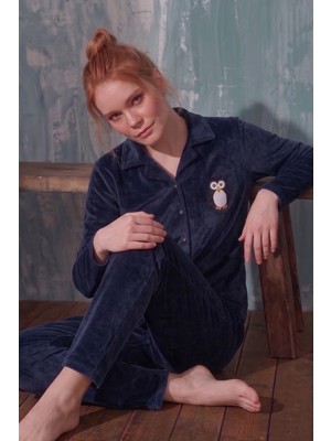 Farya Home Luxury Velvet Fransız Kadife Düğmeli Penguen Nakışlı Gömlek Pijama Takımı