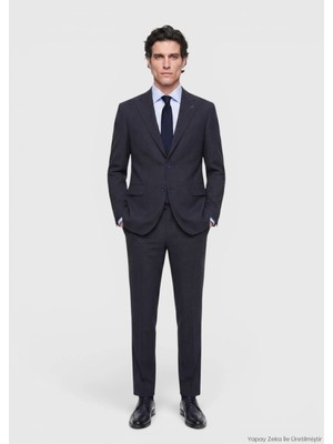 Ramsey Lacivert Desenli Zeroweight Slim Fit Yün Karışımlı Takım Elbise