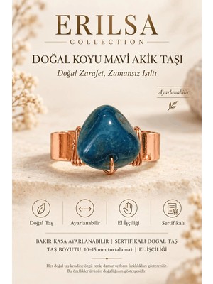 Erilsa Sertifikalı Koyu Mavi Akik Taşı Doğal Taş Yüzük Bakır Kasa Ayarlanabilir