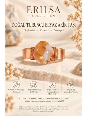 Erilsa Sertifikalı Doğal Turuncu Beyaz Akik Taşı Yüzük Bakır Kasa Ayarlanabilir El Işçiliği