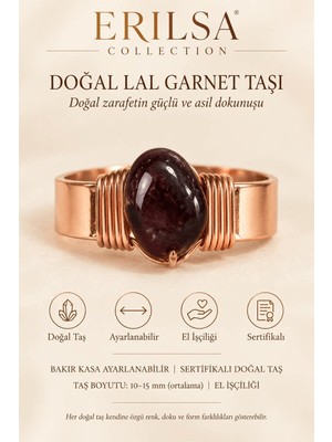 Erilsa Sertifikalı Doğal Lal Garnet Taşı Yüzük Bakır Kasa Ayarlanabilir El Işçiliği