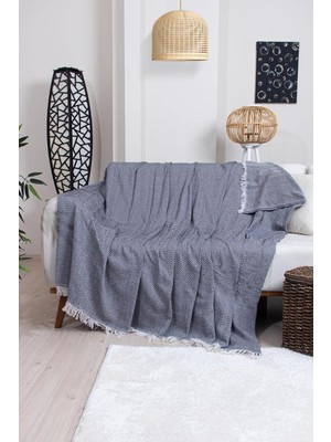 Valoroso Tekstil Pamuklu Zikzak Desenli Püsküllü Koltuk Örtüsü, 170X210 Cm, Geometrik Desen,