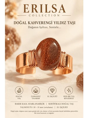 Erilsa Sertifikalı Kahverengi Yıldız Taşı Yüzük Bakır Kasa Ayarlanabilir El Işçiliği