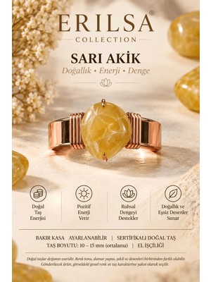 Erilsa Sertifikalı Sarı Akik Taşı Doğal Taş Yüzük Bakır Kasa Ayarlanabilir El Işçiliği