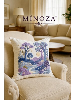 Minoza Digital Baskılı Punch Nakış Desenli Dekoratif Kırlent Kılıfı Doğa Manzaralı