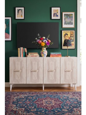 Yumedi Design KA1545BT - Buchet Konsol, Tv Sehpası, Çok Amaçlı Dolap ve Kahve Köşesi 150CM Beyaz-Traverten