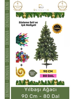 Denguva Premium Kutu Süsleme Seti Yılbaşı Çam Ağacı Renkli Işığı Yeni Yıl Süsleri Noel Paketi 90 cm 80 Dal