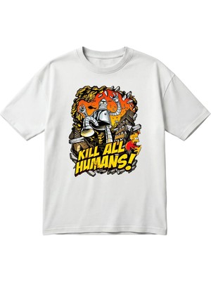 BarsDepo Kıll All Humans Retro Robot Temalı Unisex Oversize Baskılı Tişört