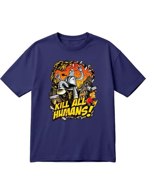 BarsDepo Kıll All Humans Retro Robot Temalı Unisex Oversize Baskılı Tişört