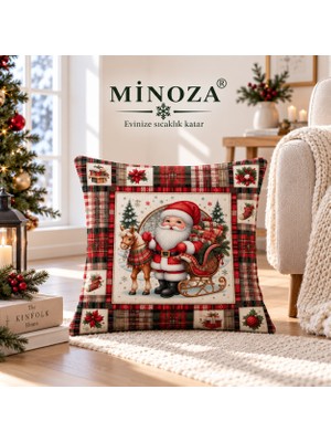Minoza Dijital Baskılı Noel Baba Ekose Desenli Kırlent Kılıfı 43X43 cm (Santa Cushion Cover)