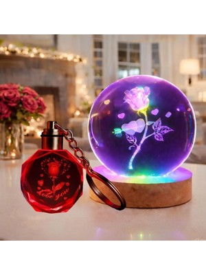 Uravas Store I Love You Tasarım Işıklı Cam Küre ve Anahtarlık Seti