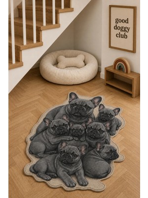 Zng Design Home Fransız Bulldog Mavi-Gri Köpek Figürlü Mama Halısı ve Paspası, Kaymaz Yıkanabilir, Farklı Ölçü