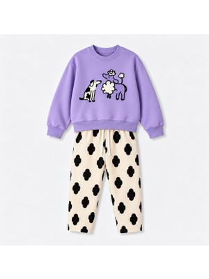Yiğit Butik Kız Çocuk Sevimli Hayvan Baskılı Sweatshirt Desenli Pantolon Alt Üst Takım