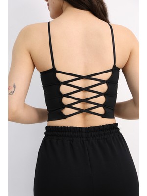 Dut Store Kadın V Yaka Kendinden Kaplı Sırtı Çarpraz Crop Büstiyer Siyah