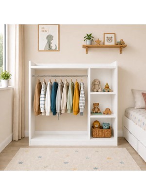Parvi Liva Montessori Açık Gardırop 120X124 cm Çocuk Odası Raflı Askılı Gardırop