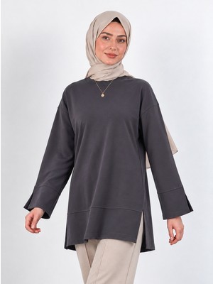 Kadın Füme Oversize Modal Kumaş Yırtmaç Detaylı Bisiklet Yaka Tesettür Tunik