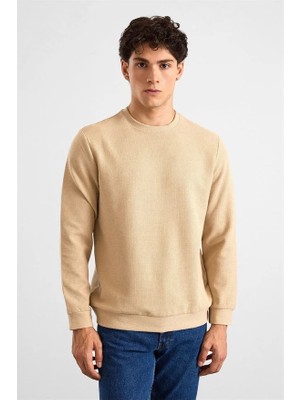 Süvari Bej Regular Melanjlı Baskısız Waffle Bisiklet Yaka Cepsiz Düz Sweatshirt