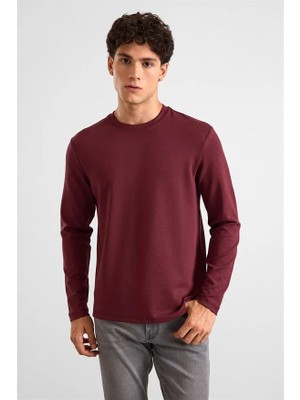 Süvari Koyu Bordo Regular Düz Baskısız Interlok Bisiklet Yaka Cepsiz Düz Sweatshirt