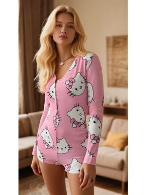 Marsilyan- Pink Cat Dream Pamuklu Pembe Kedi Desenli Düğmeli Uzun Kol Tulum Pijama