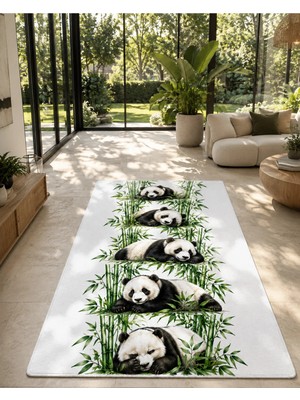 Panda ve Bambu Desenli Dekoratif Halı – Dijital Baskılı Kaymaz Taban Yıkanabilir Modern Tasarım Halı, Farklı Ölçü Seçenekleri Dijital Baskı Halı