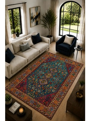 Anatolia Turquoise Turkuaz Etnik Desenli Modern Kaymaz Dijital Baskı Halı Yıkanabilir