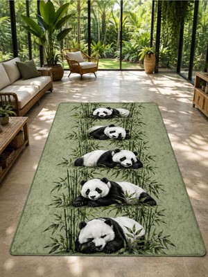 Panda ve Bambu Desenli Dekoratif Halı – Dijital Baskılı Kaymaz Taban Yıkanabilir Modern Tasarım Halı, Farklı Ölçü Seçenekleri Dijital Baskı Halı