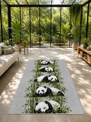 Panda ve Bambu Desenli Dekoratif Halı – Dijital Baskılı Kaymaz Taban Yıkanabilir Modern Tasarım Halı, Farklı Ölçü Seçenekleri Dijital Baskı Halı